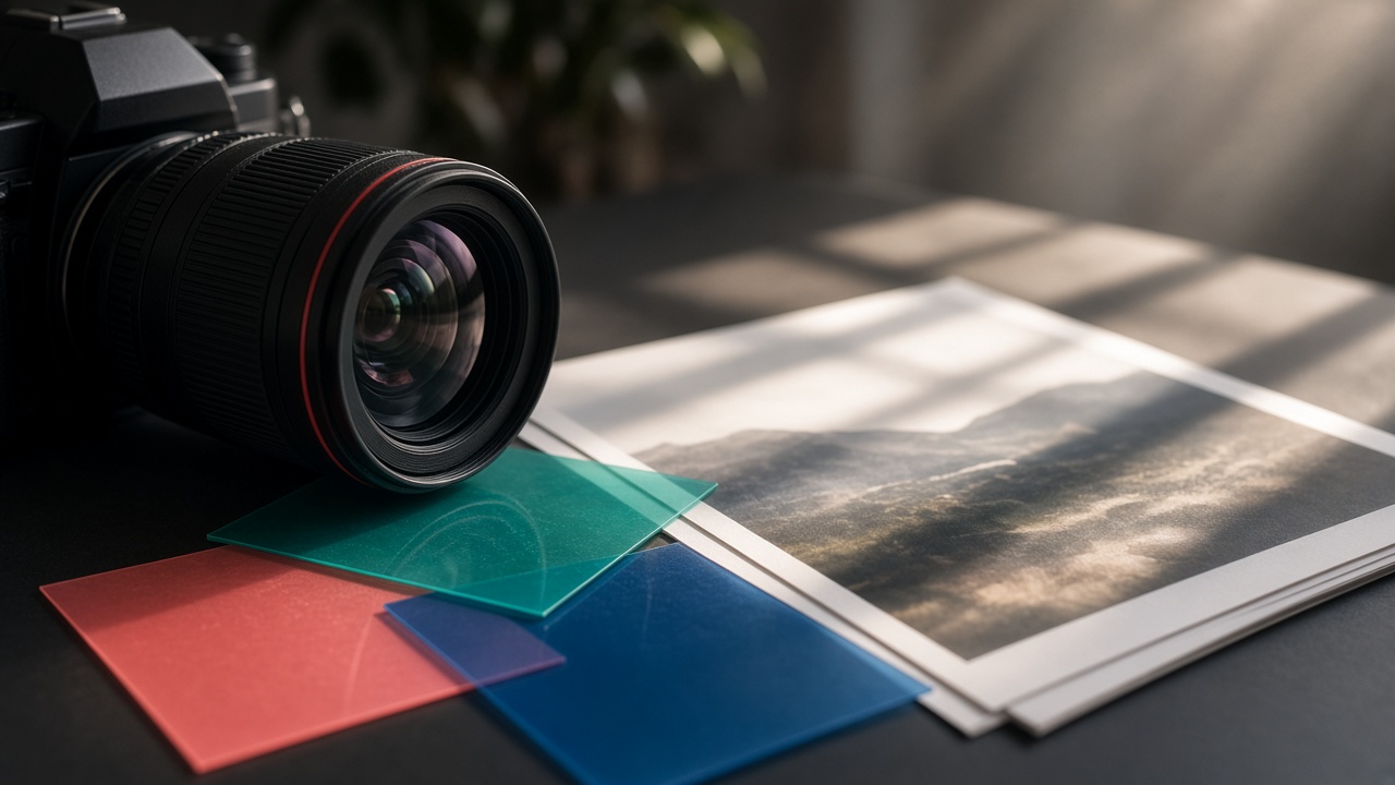 Camera lens with color gels and window light illustrating brightness, contrast, and saturation concepts