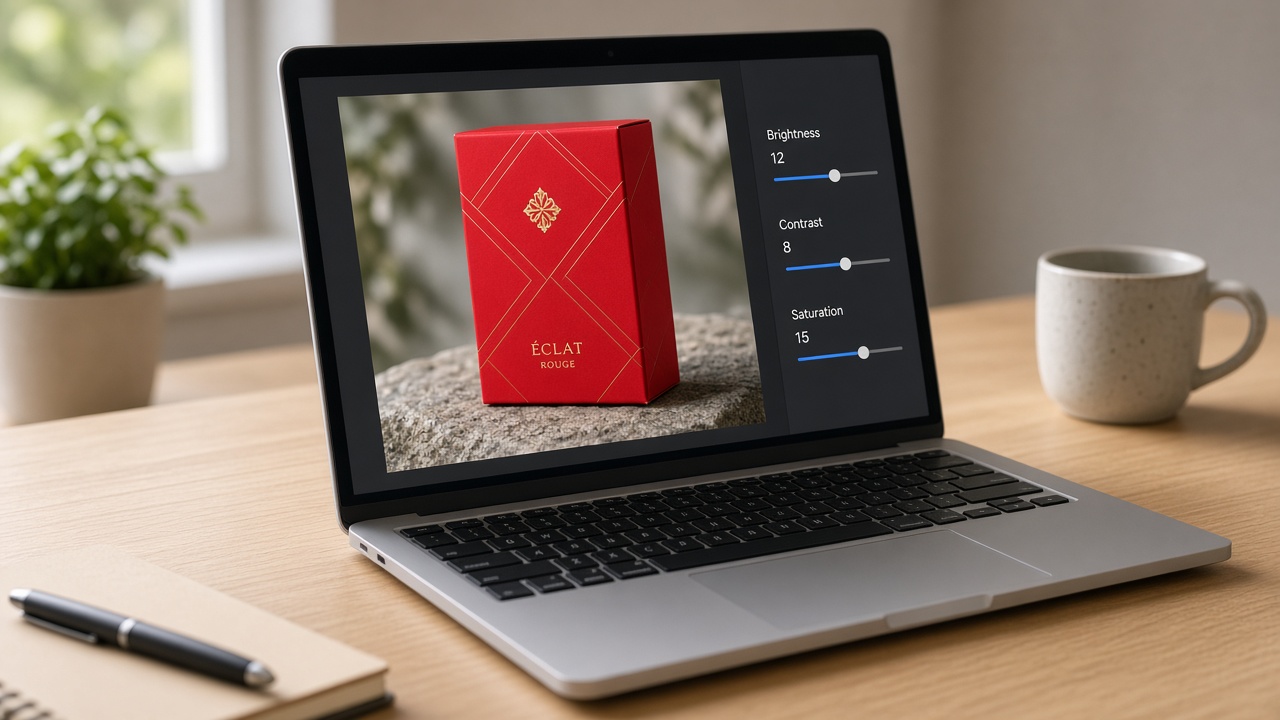 Laptop showing an online photo adjust tool with brightness, contrast, and saturation sliders on a product photo