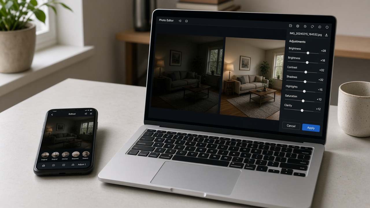 Phone photo next to a laptop with brightness and contrast controls for an online adjust workflow