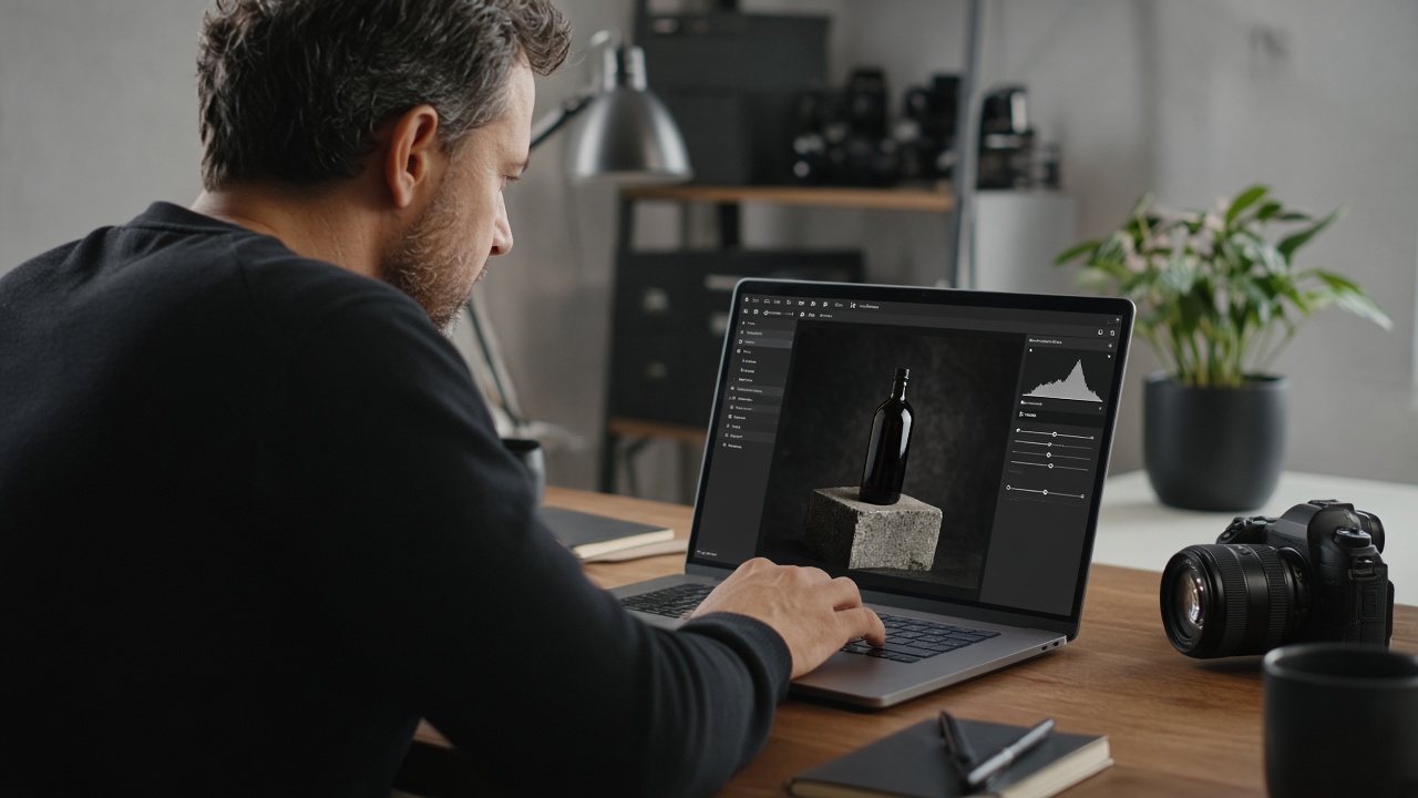 Creator reviewing a product photo on a laptop for a quick global brightness and contrast pass