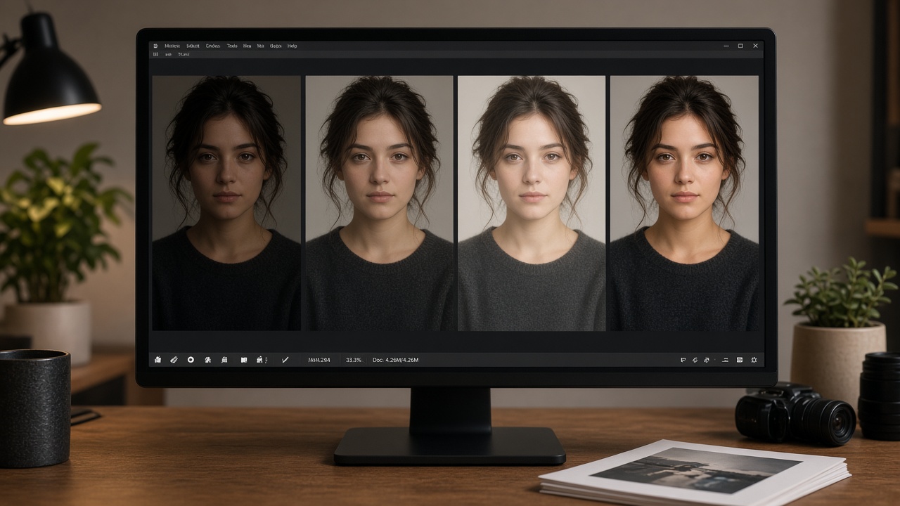 Side-by-side real photo variations showing dark, flat, washed-out, and balanced tone results