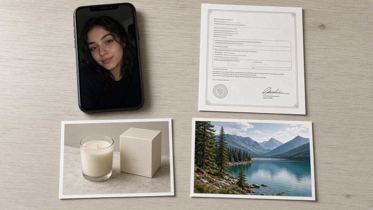 Flat lay of real use-case photos: dark phone shot, flat document scan, product photo, and outdoor social image