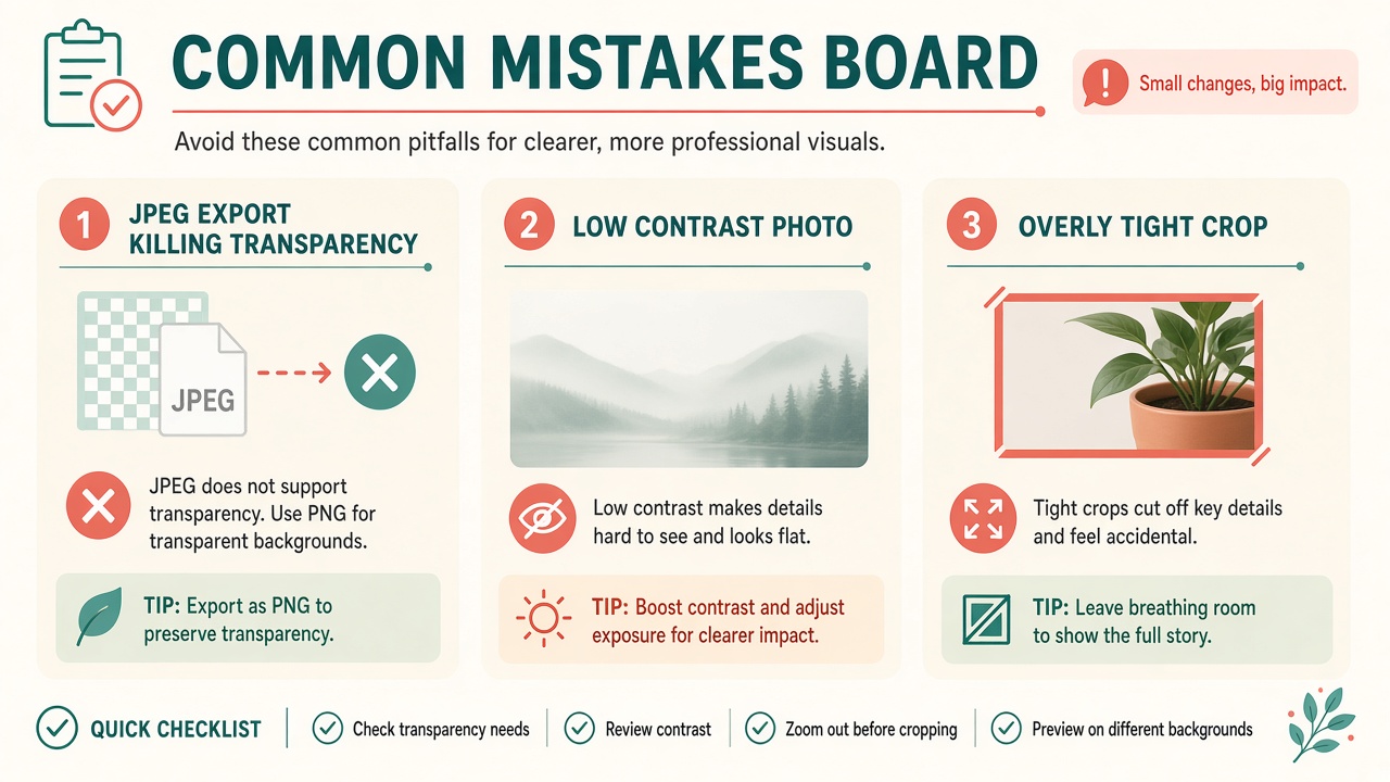 Illustration of common background removal mistakes including JPG export and low contrast photos