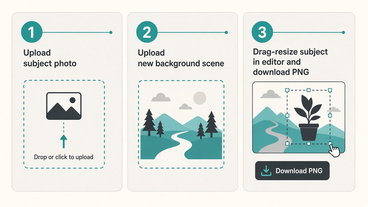 How to replace image background online in three steps with ImageToolkit Three steps to replace an image background online: upload subject, upload new background, then compose and download PNG