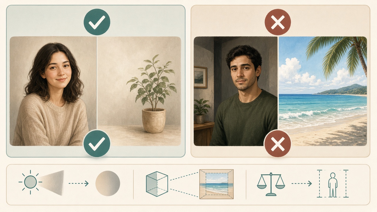 Tips for natural photo background replacement — match lighting and perspective Comparison of matching vs mismatched lighting and perspective when changing a photo background