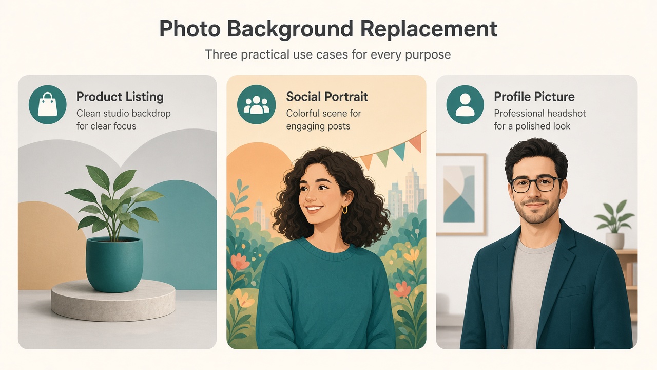 Product, social, and profile use cases for ImageToolkit background replacement Use cases for photo background replacement: product listing, social portrait, and professional profile picture