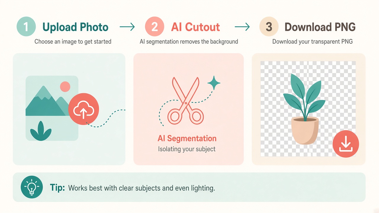 Three step illustration for uploading a photo, running background removal, and downloading a transparent PNG