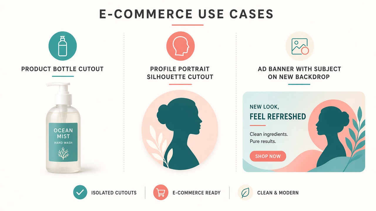 Illustration of product, profile, and ad banner use cases for background removal cutouts