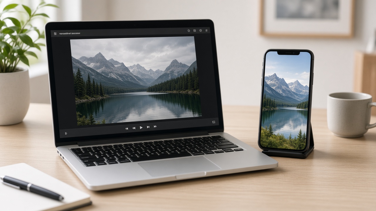 Laptop and phone showing a free online brightening preview of a dark photo next to the improved result