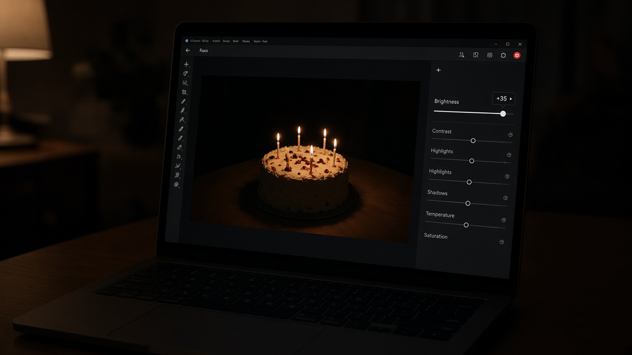 Laptop preview of a dark birthday-cake photo being brightened with an online brightness control