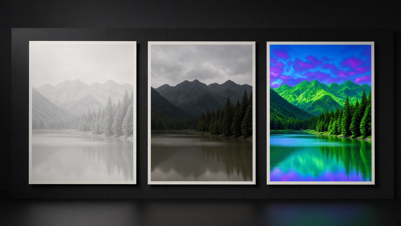 Three bad rescue results: milky over-brightening, muddy skipped contrast, and fake neon oversaturation