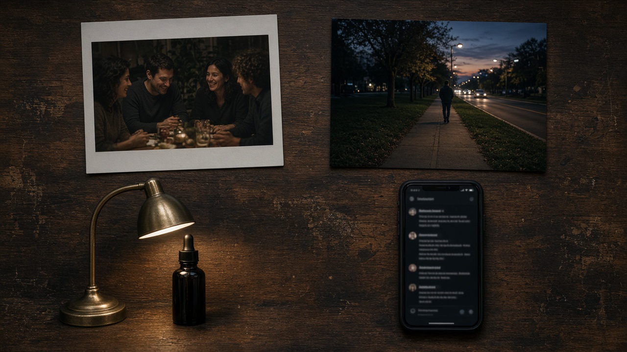 Flat lay of dark-photo scenarios: indoor dinner, evening walk, desk-lamp product shot, and a dim UI screenshot
