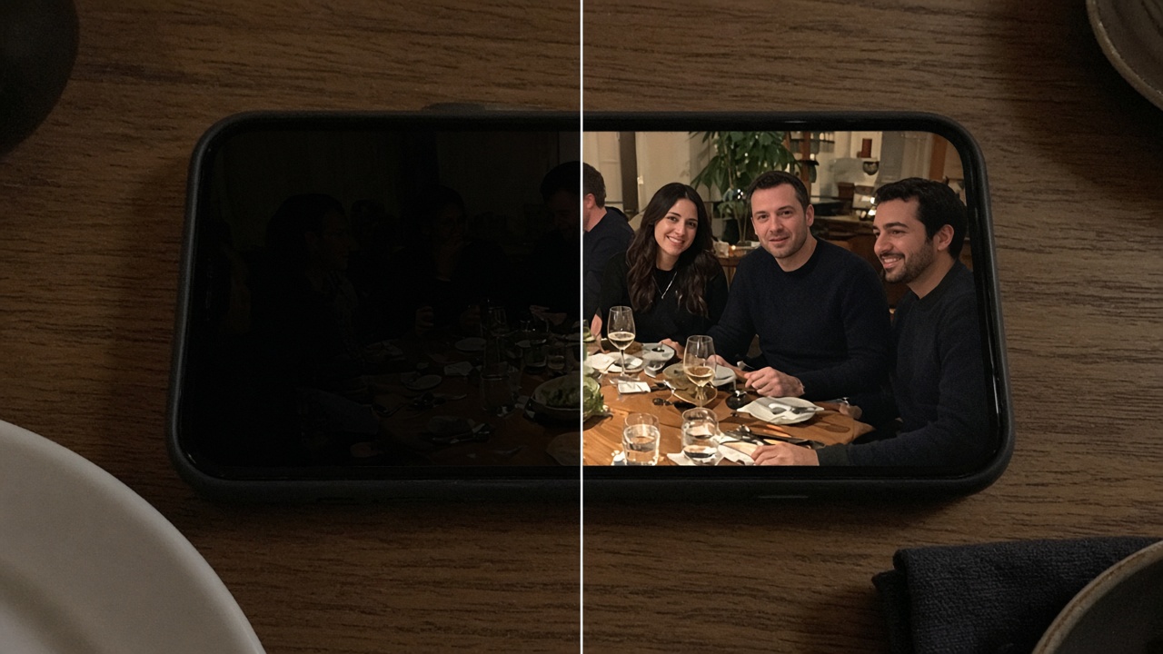Before-and-after split of a dark indoor dinner photo and the same scene carefully brightened