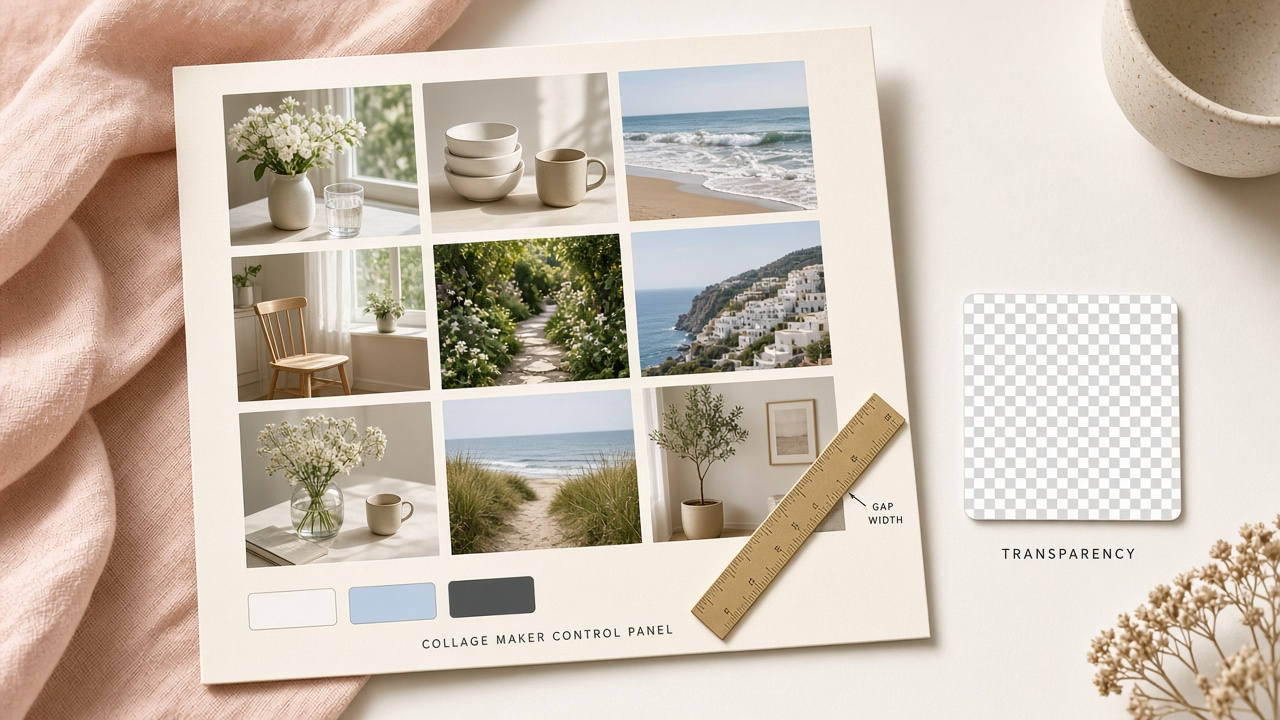 Illustration of collage controls for gap, margin, background colors, and a transparent background option