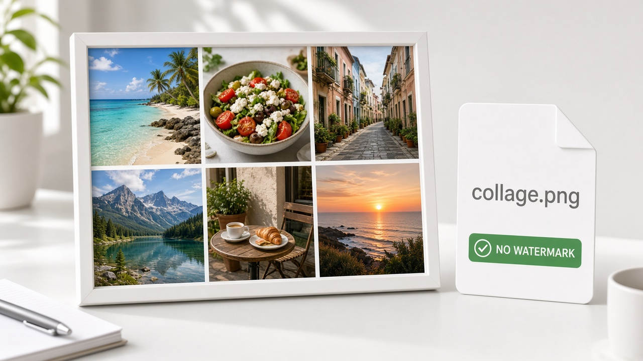 Illustration of a six-photo collage in one white frame downloading as a PNG file