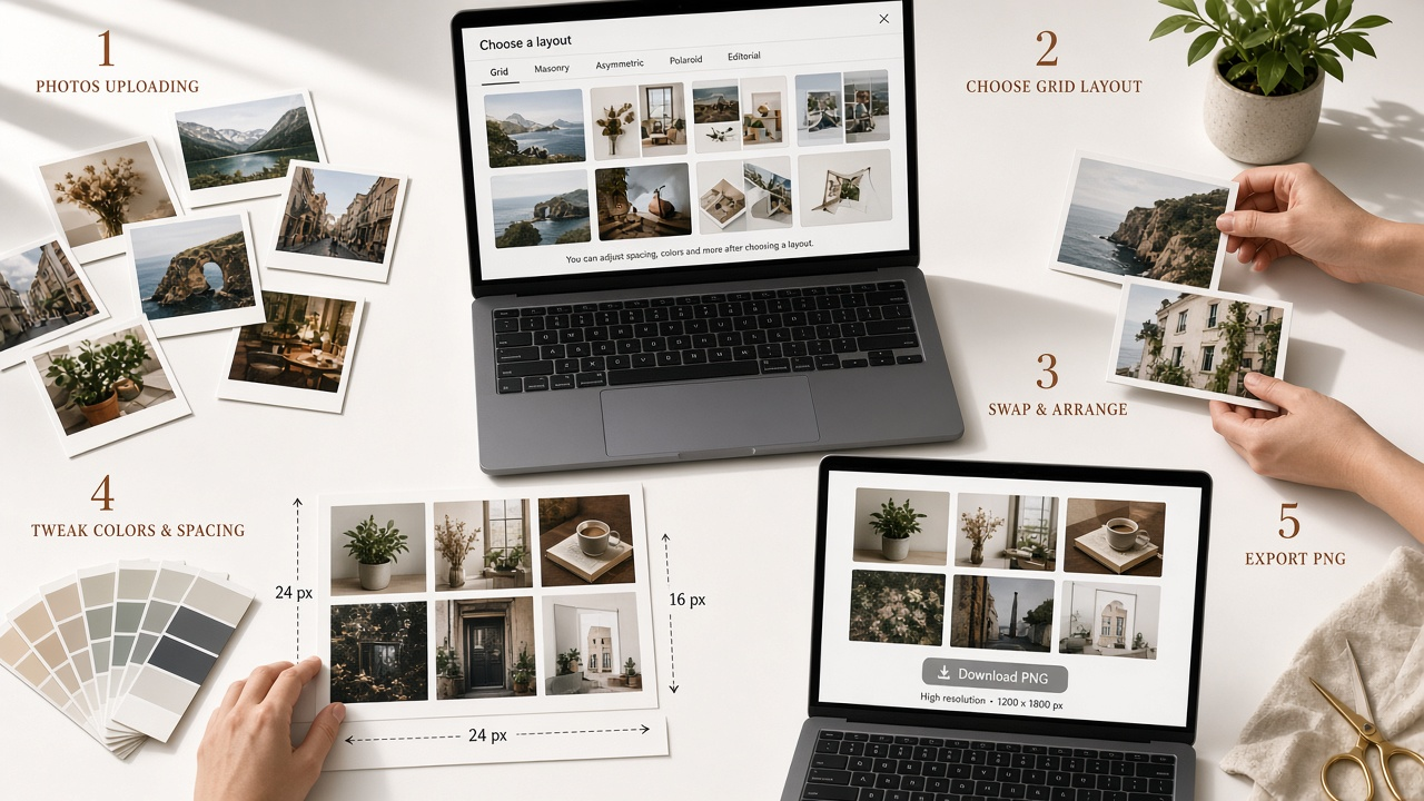 Five numbered steps showing upload photos, pick a layout, arrange by swapping, customize gap and background, and download the PNG collage