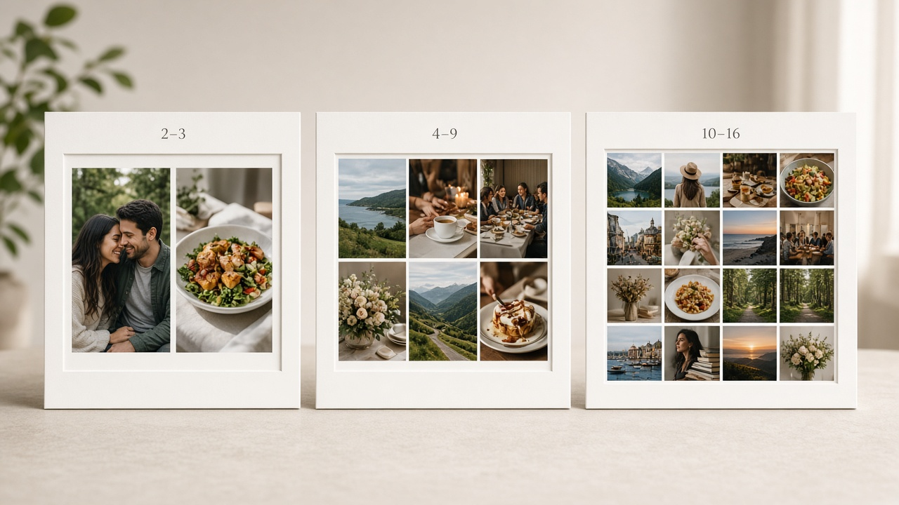 Three collage boards showing layouts for 2 to 3 photos, 4 to 9 photos, and 10 to 16 photos