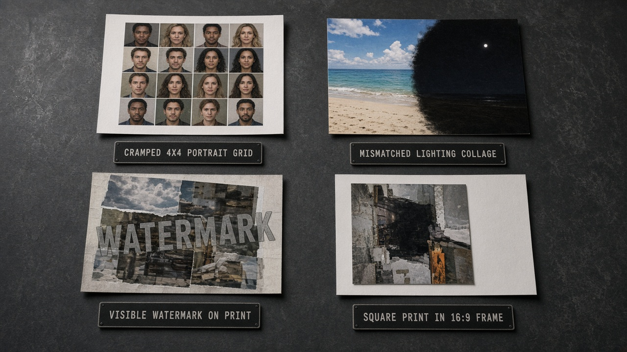 Four warning tiles showing cramped grids, mixed lighting, watermarked exports, and a square collage squeezed into 16:9