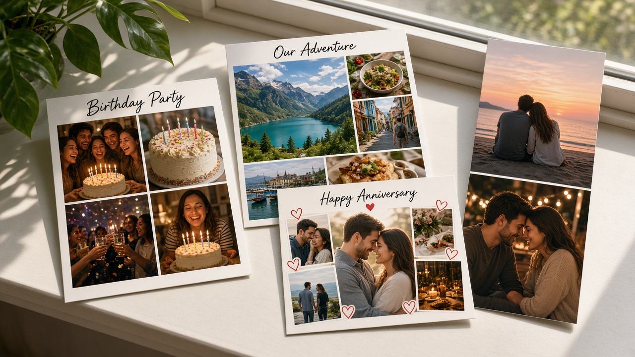 Four collage use cases shown as real boards: birthday grid, travel mosaic, couples heart, and a tall Instagram story collage