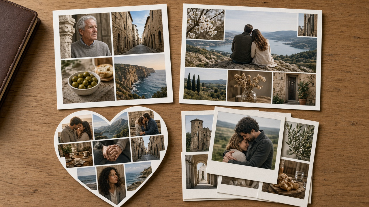 Four template families shown as real collages: classic grids, creative mosaics, heart layouts, and polaroid frames