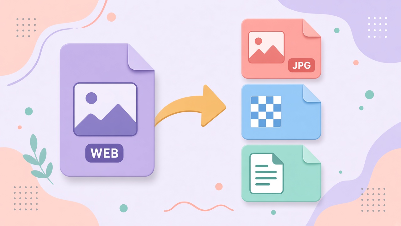 Soft pastel illustration of a WebP file converting into JPG PNG and PDF format cards