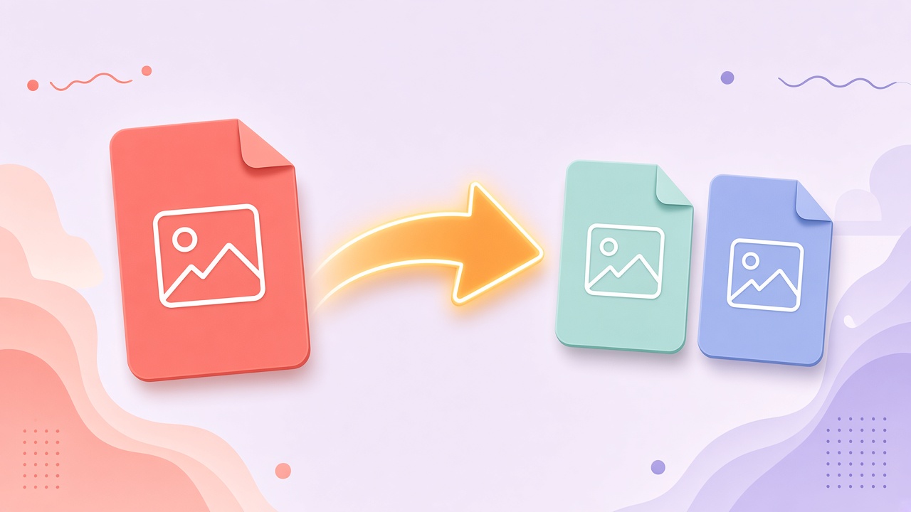 Illustration of a heavy image file converting into lighter JPG and WebP style outputs