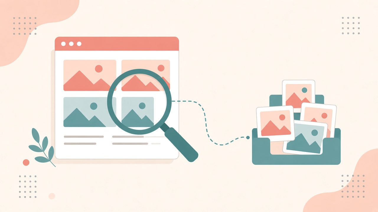 Illustration of a webpage being scanned and image thumbnails collected for download