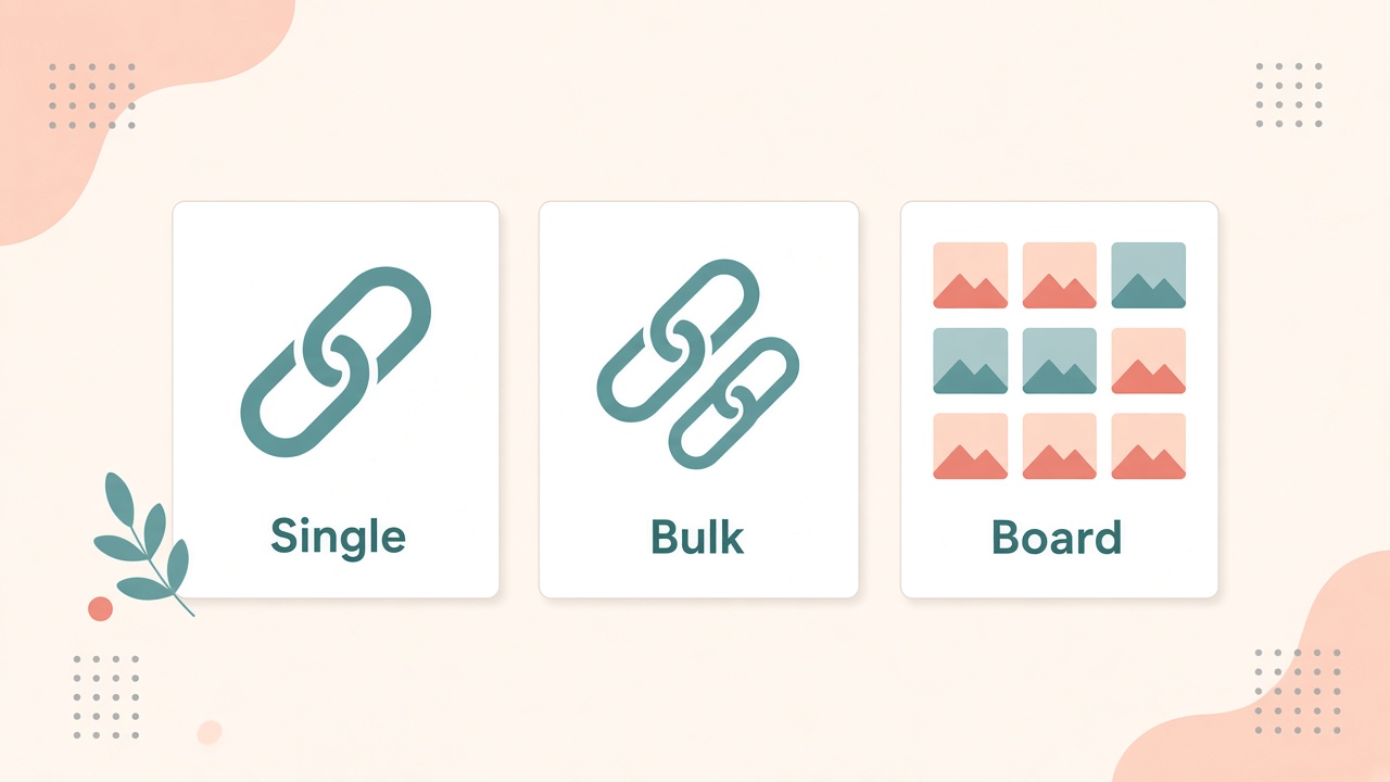Illustration of Single, Bulk, and Board image downloader modes as three simple cards
