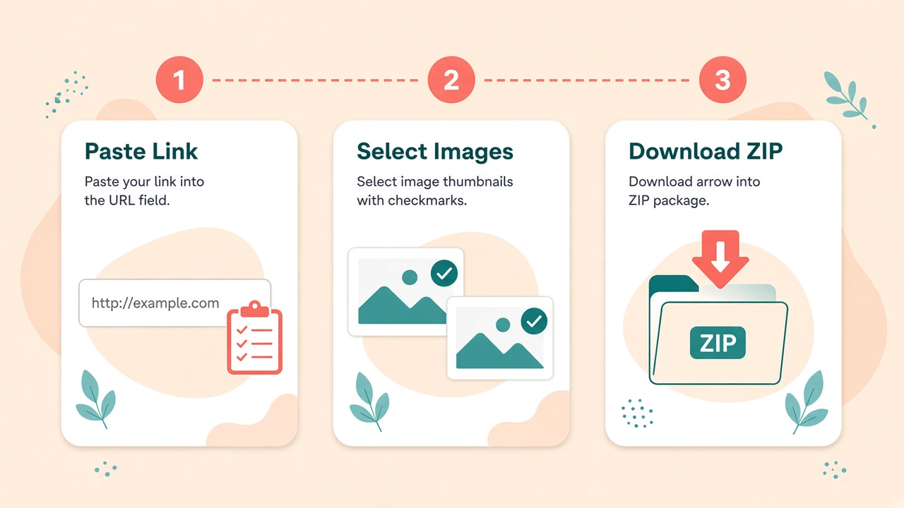 Three-step illustration: paste URL, select image thumbnails, download ZIP package