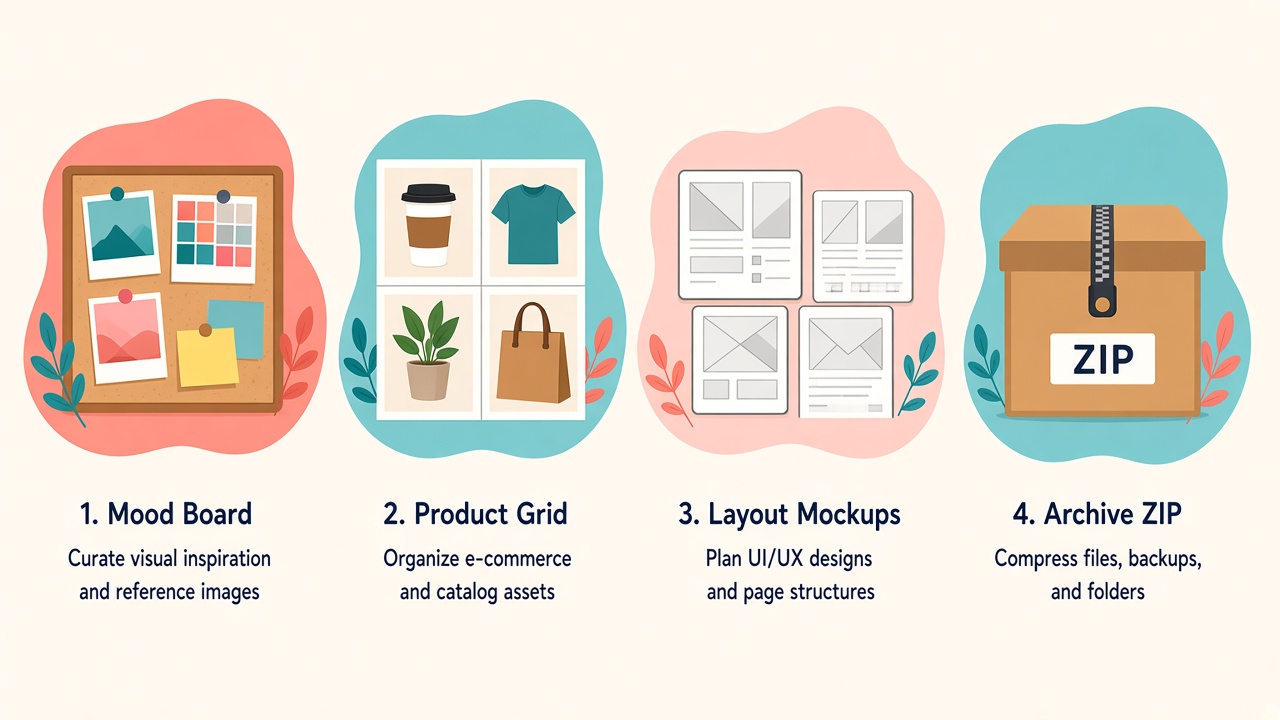 Illustration of image downloader use cases: mood boards, product research, design assets, and archive ZIP packs