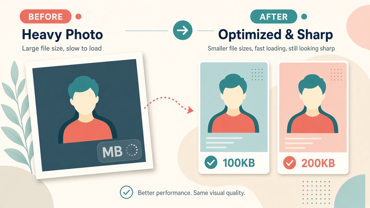 Before and after illustration of a portrait compressed to 100KB and 200KB while keeping facial detail