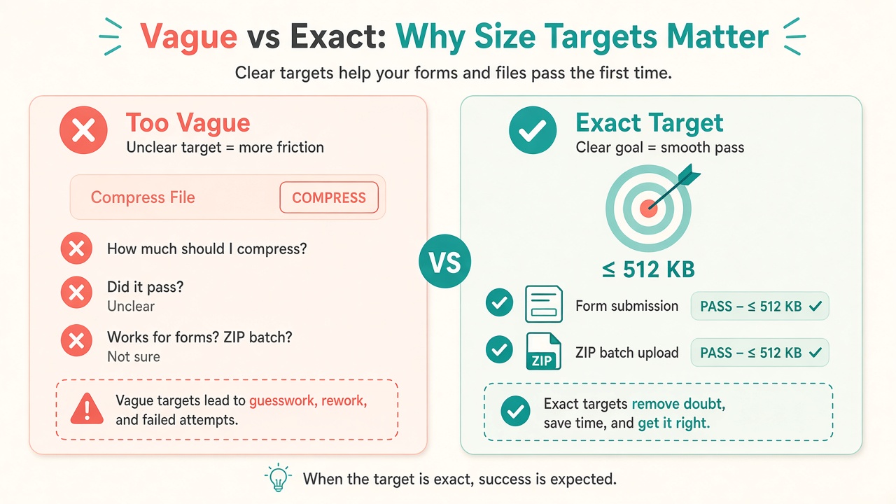 Comparison illustration showing exact KB targeting winning over a vague compress button for form uploads