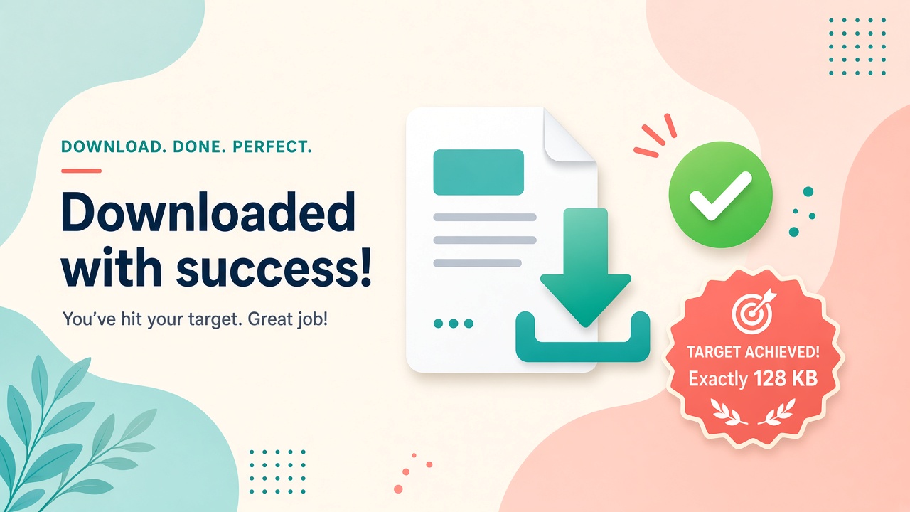 Call to action illustration with a success checkmark, download arrow and exact KB target badge