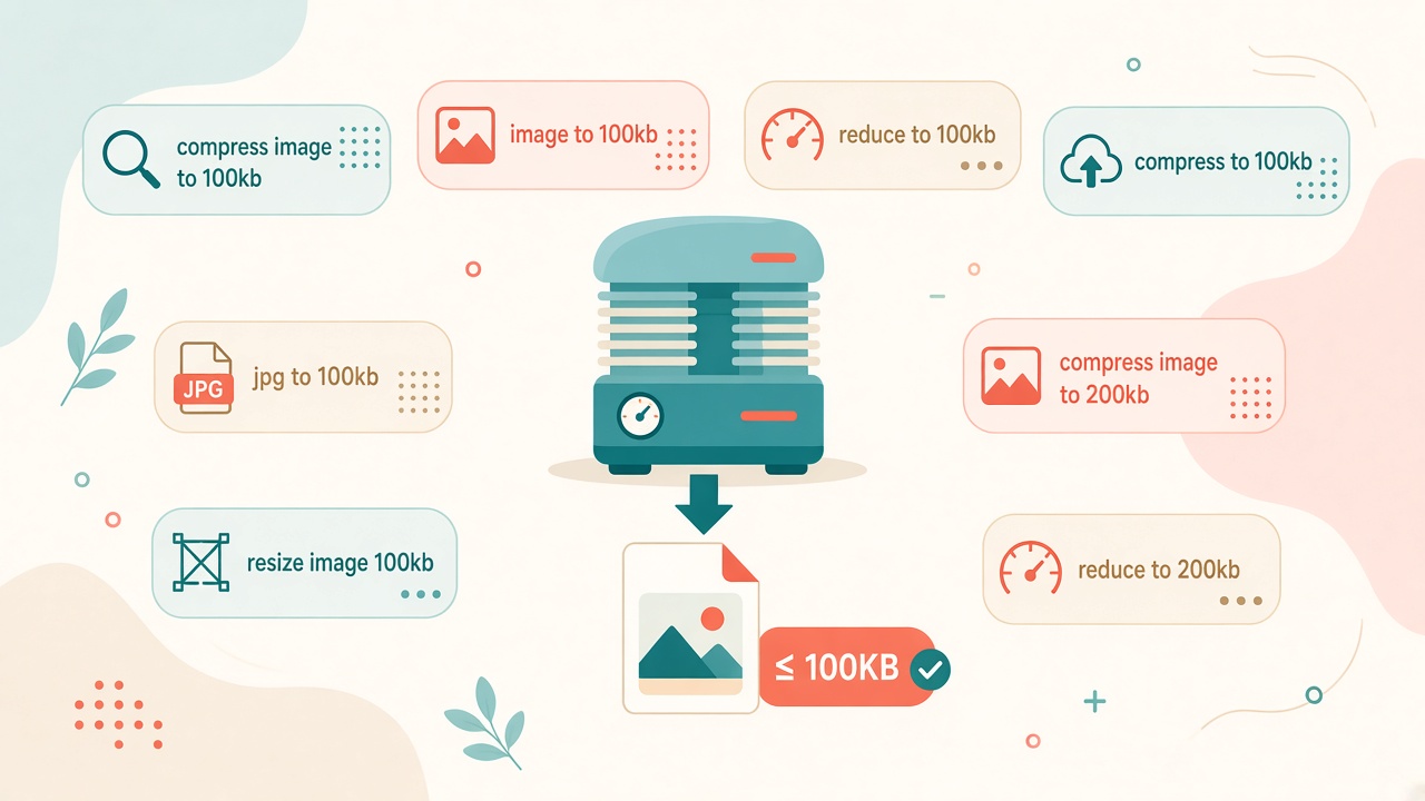 Keyword map illustration for compress image to exact KB, compress to 100KB and free online image compressor searches