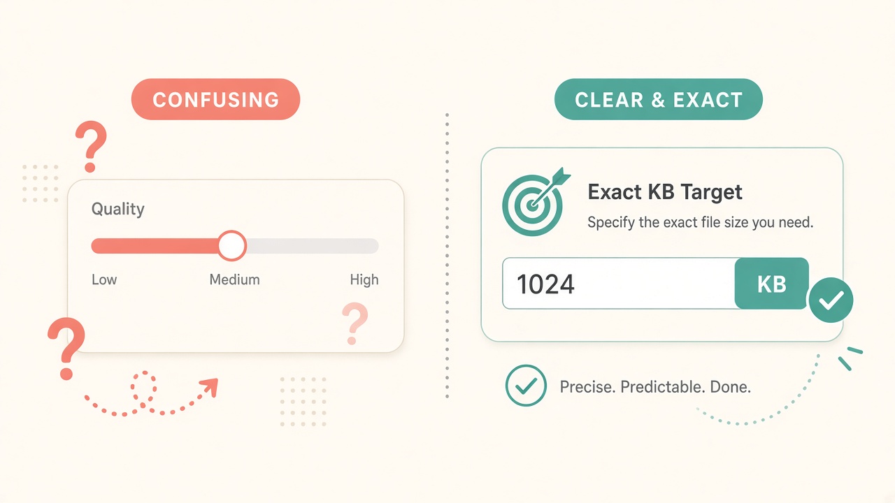 Side by side illustration of a quality slider versus an exact KB target field for image compression