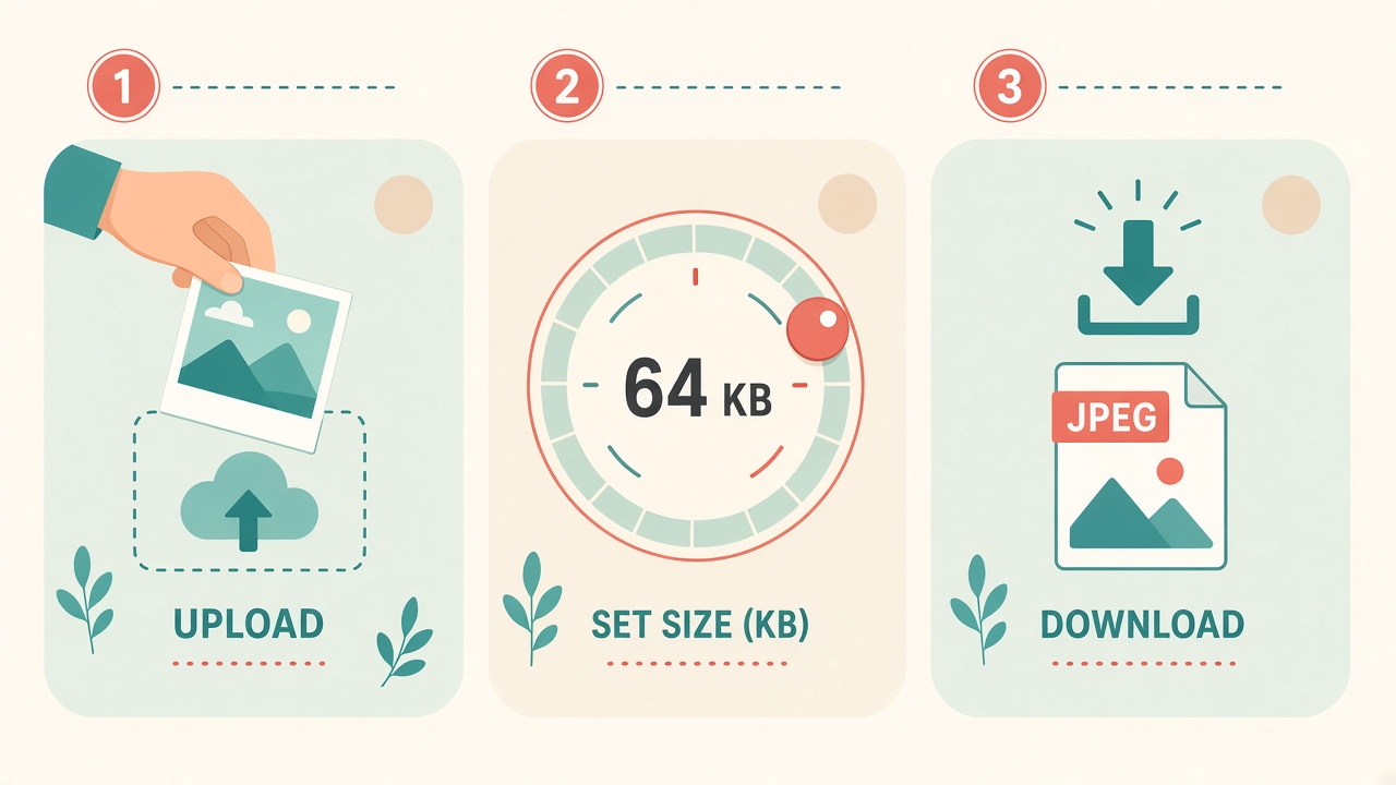Three step illustration showing upload photo, set exact KB target, then download compressed JPEG