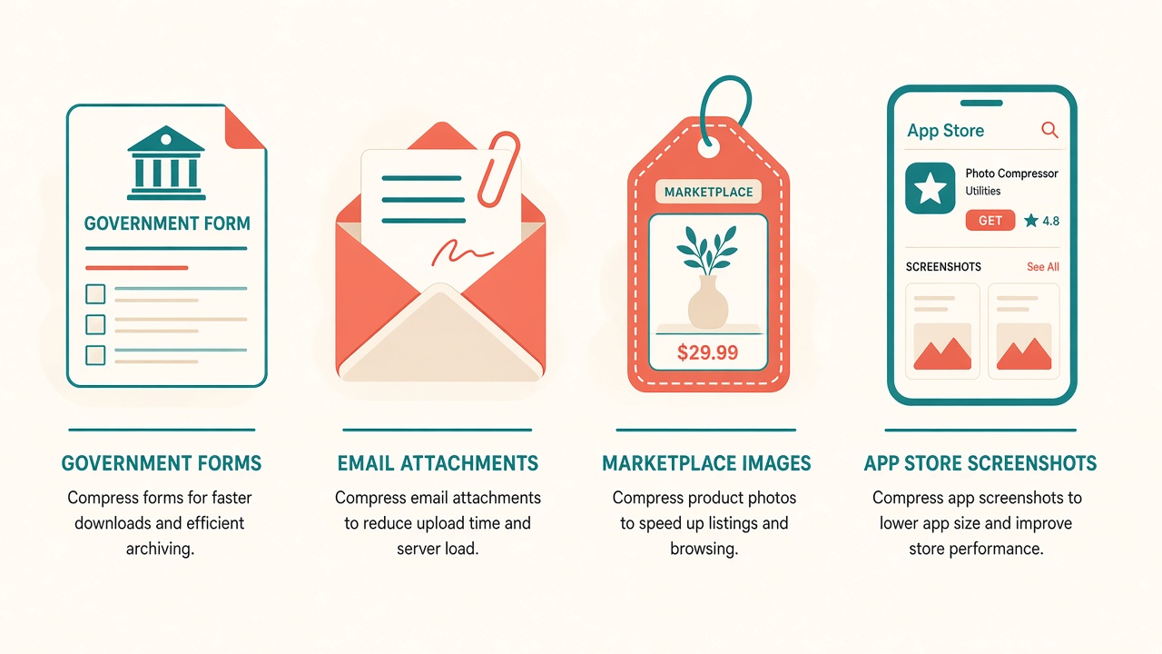 Illustration of government form, email, marketplace and app screenshot use cases for exact KB image compression