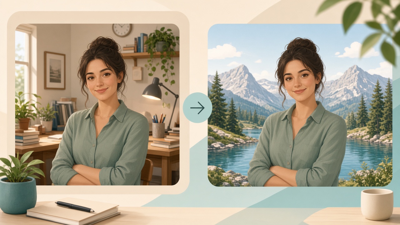 Replace image background online with ImageToolkit Background Replacer Before and after illustration of replacing a photo background online — original busy room scene swapped for a clean outdoor backdrop