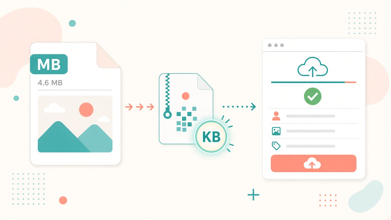 Illustration of a large photo file shrinking to a small KB size next to an online form upload box