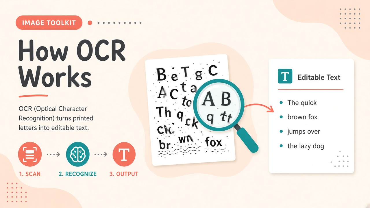 Illustration of a magnifying glass reading letter shapes and turning them into editable text