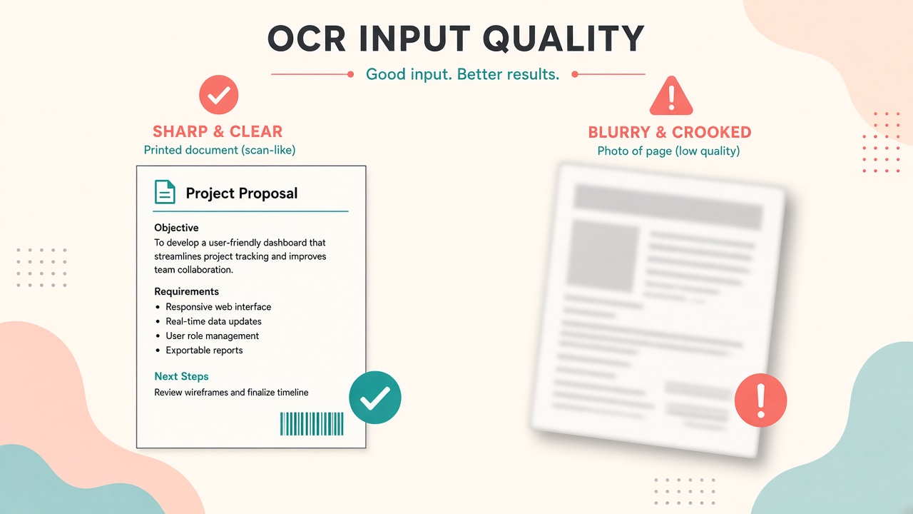Side-by-side illustration of a sharp clear document versus a blurry skewed photo for OCR