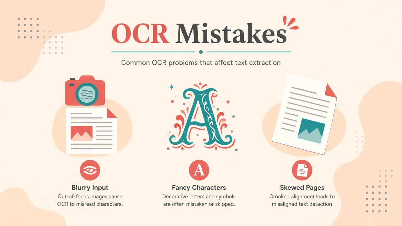 Illustration of common OCR mistakes: blurry photos, decorative fonts, and skewed pages