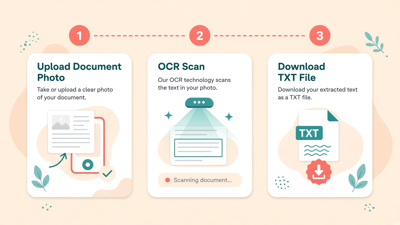 Three-step illustration showing upload a document, run OCR, and download a TXT file