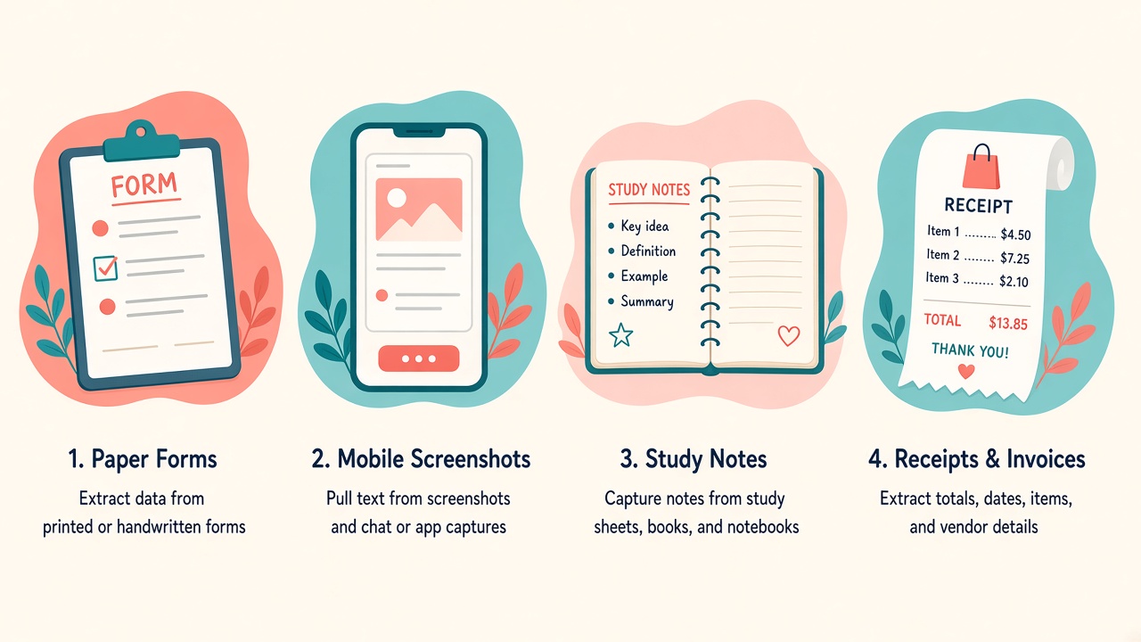 Illustration of OCR use cases: forms, phone screenshots, study notes, and receipts