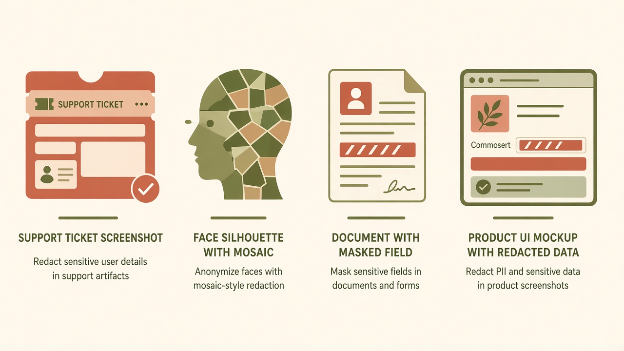 Illustration of pixelate use cases including support screenshots, face privacy, documents, and UI demos