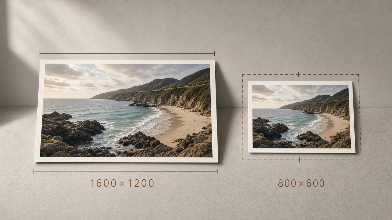 Illustration of a large 1600 by 1200 photo being resized into an exact 800 by 600 pixel target box