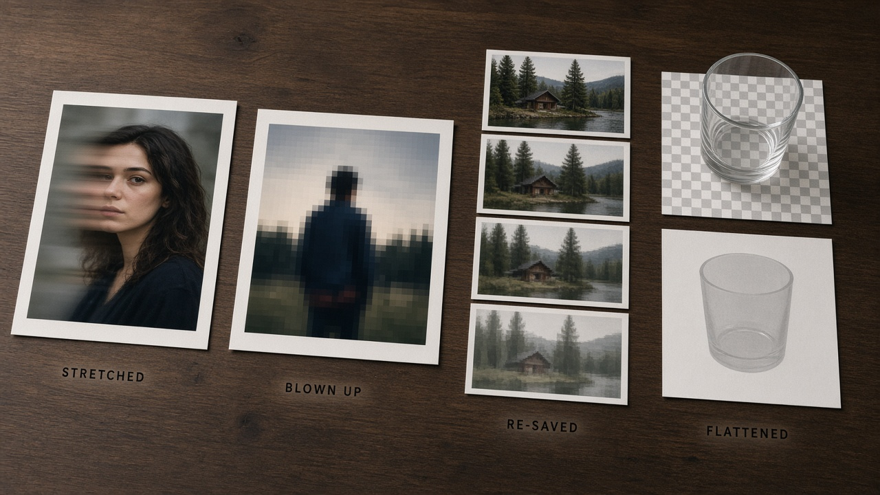 Four warning tiles showing a stretched photo, a pixelated enlargement, repeated re-saves, and a flattened transparent PNG