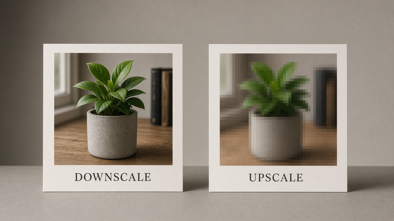 Illustration comparing a safe downscale to a smaller sharp photo against a mushy pixelated upscale