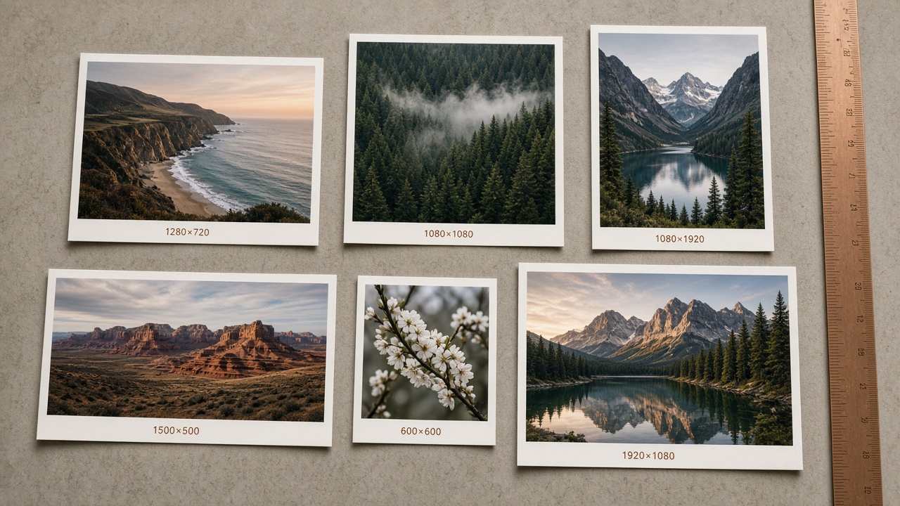 Cards listing common pixel sizes for YouTube thumbnails, Instagram posts and stories, X headers, passport photos, and desktop wallpapers