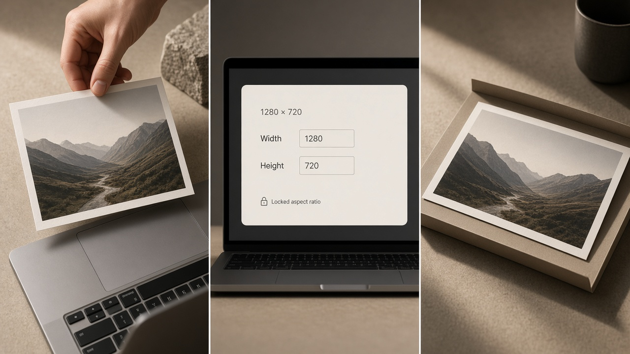 Three numbered steps showing upload the file, type width and height with a lock and fit modes, then download the resized image